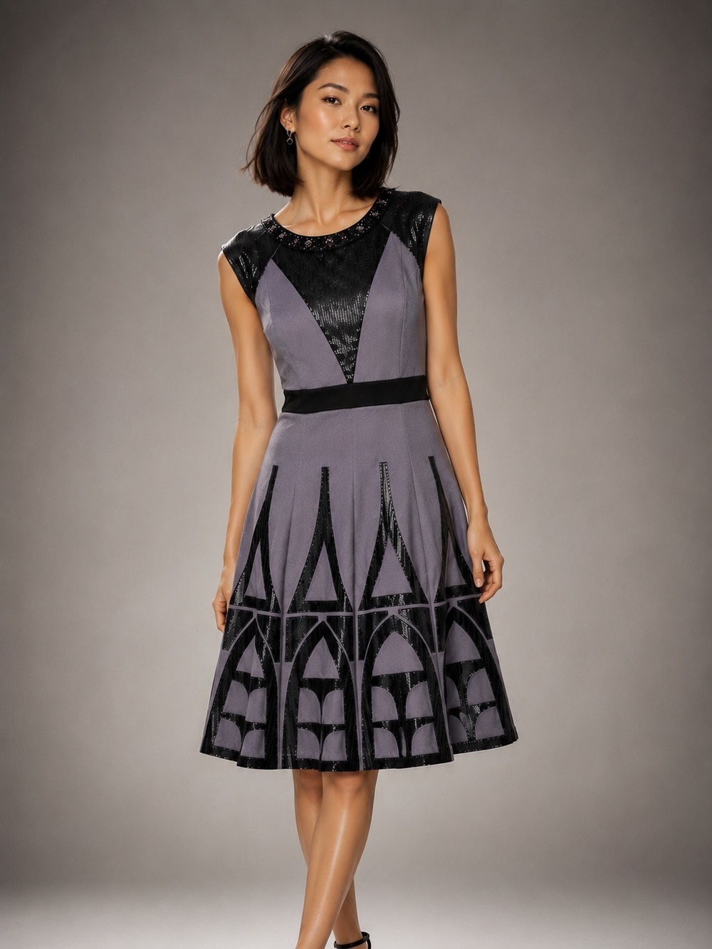 Simon Chang Beaded Cocktail Dress Gray Black Art Deco Fit & Flare Size 8